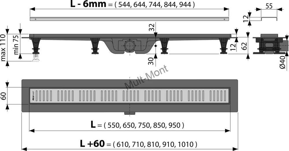 Sprchový žľab APZ10-550 Simple ALCADRAIN